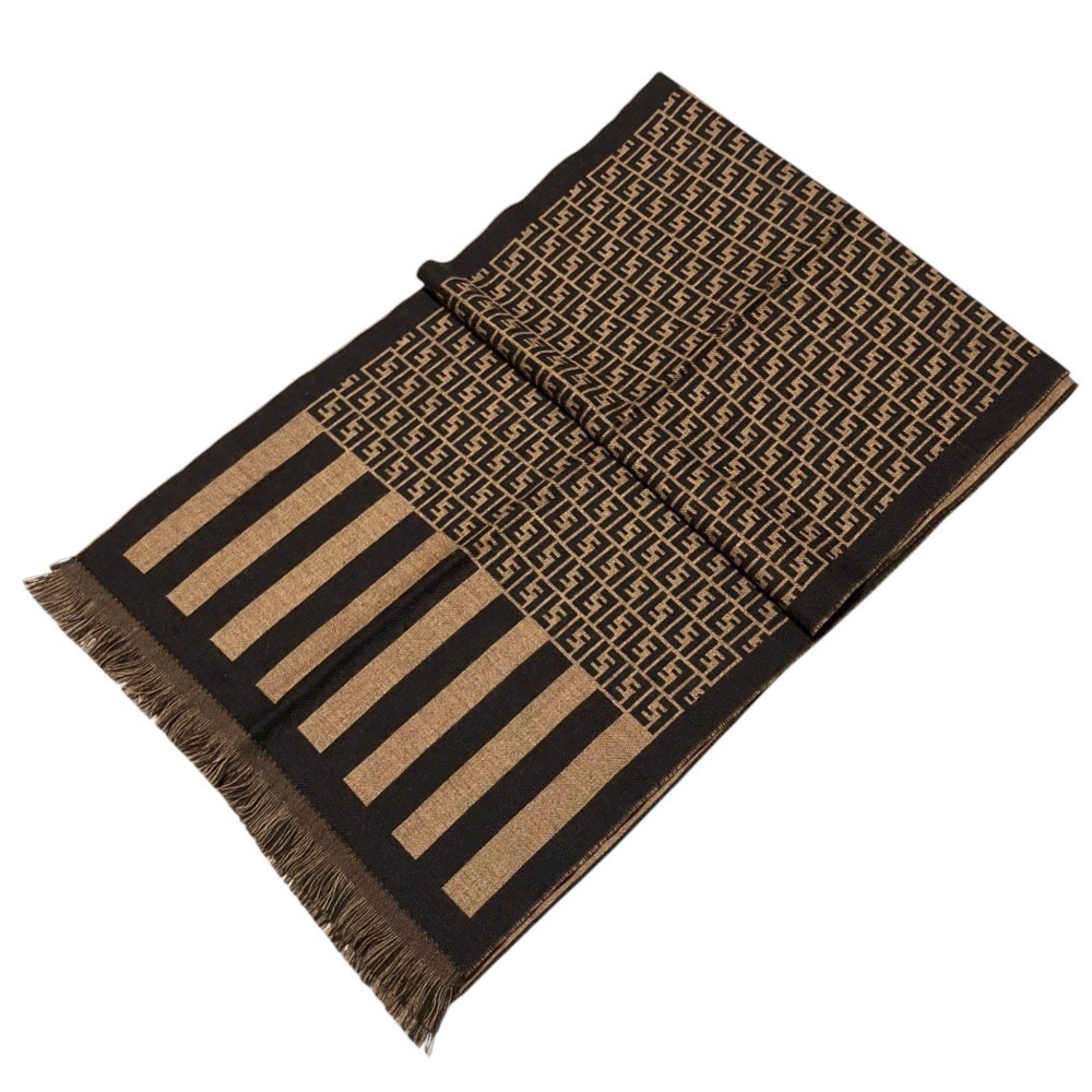 FENDI Zucca pattern reversible wool fringe scarf/stole in beige and black for...